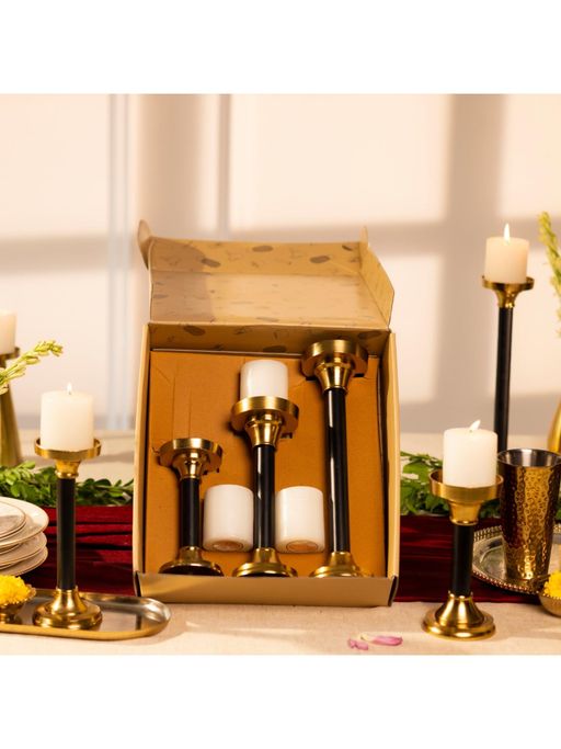 Kaniry Artise of Novelty Black & Gold Candle Holders (Set Of 3)