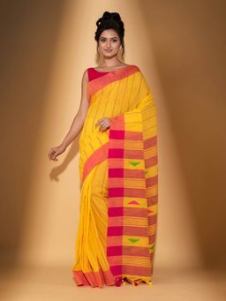 Beatitude - Yellow Handspun Cotton Woven Saree with Unstitched Blouse