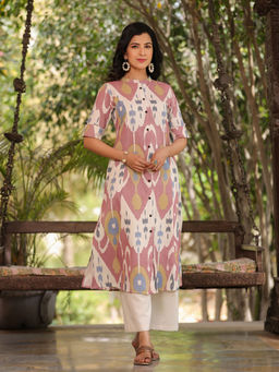PIROH - Womens Cotton Ikat Print A-Line Kurta- Pink