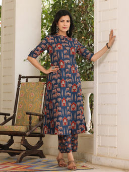 PIROH - Womens Navy Blue Printed A-Line Kurta with Pant (Set of 2)