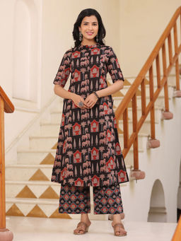 PIROH - Womens Black Printed A-Line Kurta with Pant (Set of 2)