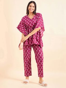 Sweet Dreams - Wine Women Printed Kaftan with Pyjama (Set of 2)