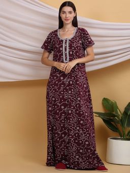 Sweet Dreams - Wine Women Printed Night Dress