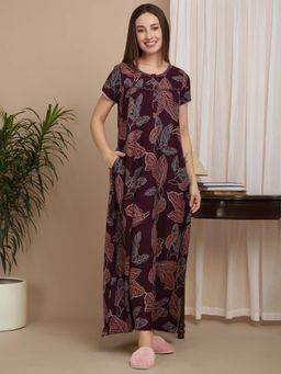 Sweet Dreams - Wine Women Printed Full Length Night Dress
