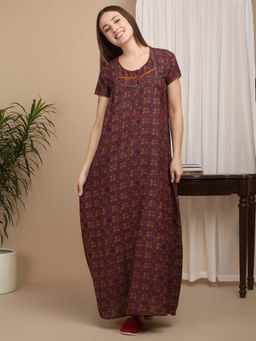 Sweet Dreams - Brown Women Floral Print Full Length Night Dress