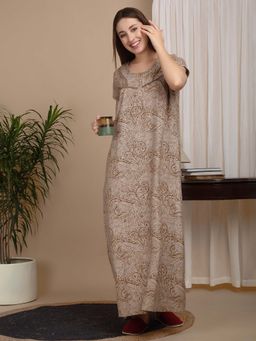 Sweet Dreams - Mustard Women Printed Full Length Night Dress