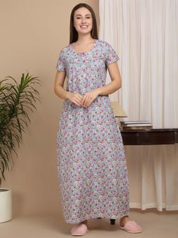 Sweet Dreams - Blue Women Floral Print Full Length Night Dress