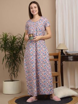 Sweet Dreams - Purple Women Floral Print Full Length Night Dress