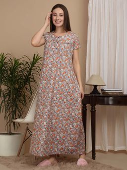 Sweet Dreams - Beige Women Floral Print Full Length Night Dress