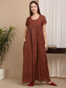 Sweet Dreams - Brown Women Floral Print Full Length Night Dress