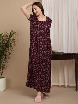 Sweet Dreams - Maroon Women Polka Print Full Length Night Dress