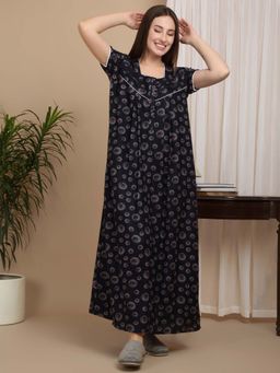 Sweet Dreams - Navy Blue Women Polka Print Full Length Night Dress