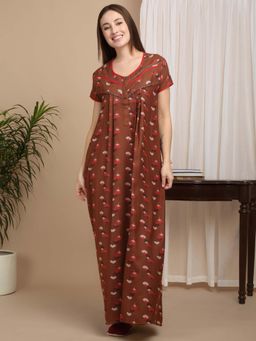 Sweet Dreams - Brown Women Printed Full Length Night Dress