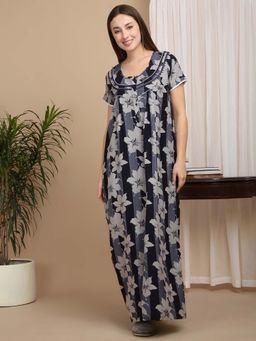 Sweet Dreams - Navy Blue Women Floral Print Full Length Night Dress