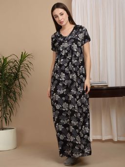 Sweet Dreams - Black Women Floral Print Full Length Night Dress