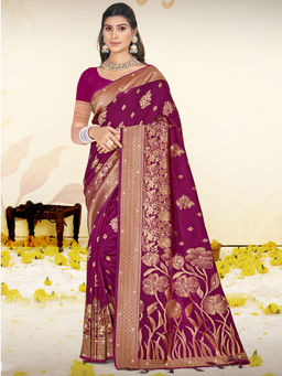 Sangam Prints - Wine Silk Woven Work Festival Saree with Unstitched Blouse