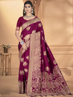 Sangam Prints - Wine Silk Woven Work Festival Saree with Unstitched Blouse