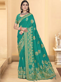 Sangam Prints - Turquoise Silk Woven Work Festival Saree with Unstitched Blouse