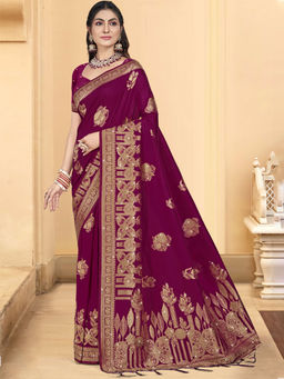 Sangam Prints - Wine Silk Woven Work Festival Saree with Unstitched Blouse