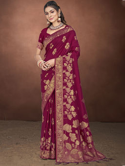 Sangam Prints - Wine Silk Woven Work Festival Saree with Unstitched Blouse