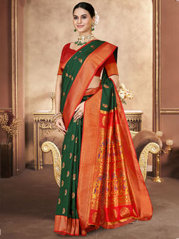 Sangam Prints - Bottle Green Silk Woven Work Festival Saree with Unstitched Blouse