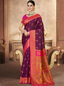 Sangam Prints - Wine Silk Woven Work Festival Saree with Unstitched Blouse