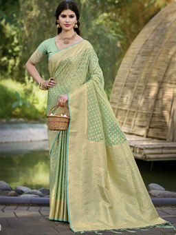 Sangam Prints - Green Silk Woven Work Festival Saree with Unstitched Blouse