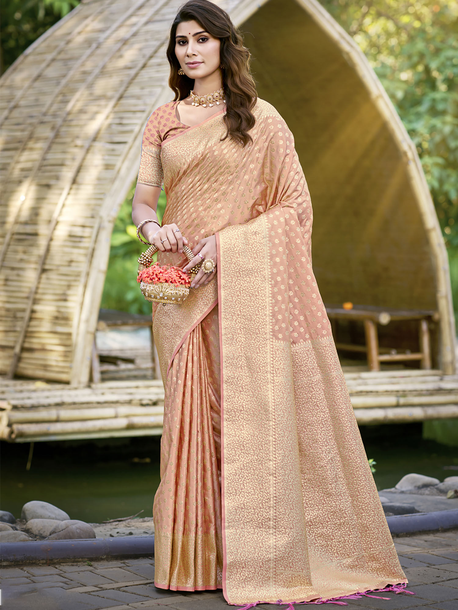 sangam prints Peach Silk Woven Work Festival Saree with Unstitched Blouse-picture-37