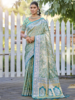 Sangam Prints - Turquoise Silk Woven Work Festival Saree with Unstitched Blouse