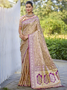Sangam Prints - Beige Silk Woven Work Festival Saree with Unstitched Blouse