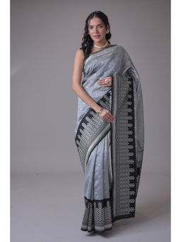 Zari Jaipur - Women Grey Georgette Polka Dots Saree with Unstitched Blouse