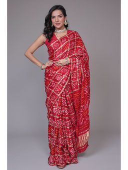 Zari Jaipur - Women Red Georgette Geometric Saree with Unstitched Blouse