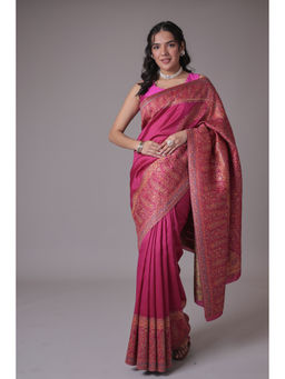 Zari Jaipur - Women Pink Silk Paisley Saree with Unstitched Blouse