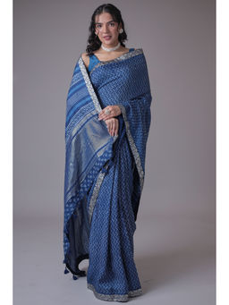 Zari Jaipur - Women Blue Silk Geometric Saree with Unstitched Blouse