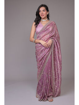 Zari Jaipur - Women Pink Tissue Embellished Saree with Unstitched Blouse