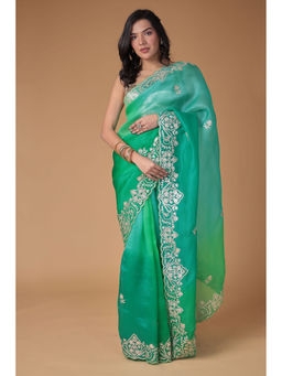 Zari Jaipur - Women Green Organza Ombre Saree with Unstitched Blouse