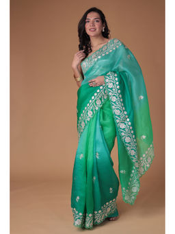 Zari Jaipur - Women Green Organza Ombre Saree with Unstitched Blouse