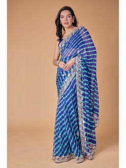 Zari Jaipur - Women Blue Georgette Stripes Saree with Unstitched Blouse