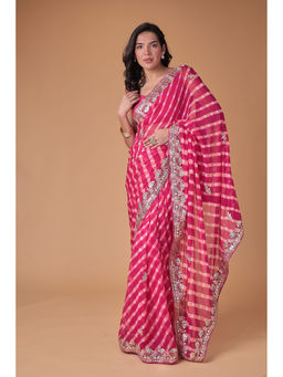 Zari Jaipur - Women Pink Georgette Stripes Saree with Unstitched Blouse
