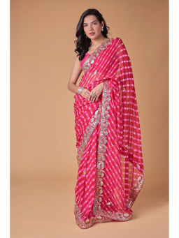 Zari Jaipur - Women Red Georgette Stripes Saree with Unstitched Blouse