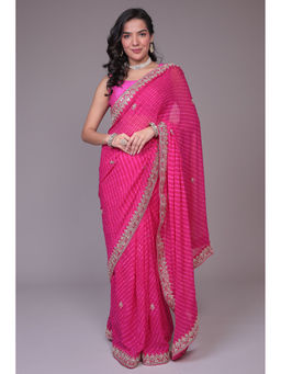 Zari Jaipur - Women Pink Georgette Stripes Saree with Unstitched Blouse