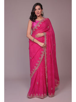 Zari Jaipur - Women Pink Georgette Stripes Saree with Unstitched Blouse