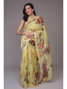 Zari Jaipur - Women Yellow Organza Floral Saree with Unstitched Blouse