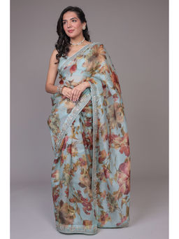 Zari Jaipur - Women Blue Organza Floral Saree with Unstitched Blouse