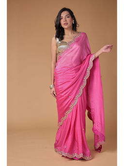 Zari Jaipur - Women Pink Chiffon Solid/Plain Saree with Unstitched Blouse