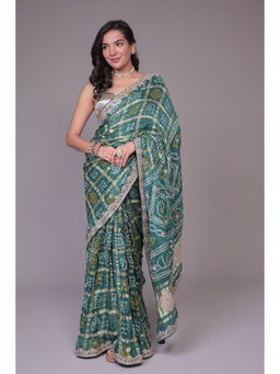 Zari Jaipur - Women Green Georgette Printed Saree with Unstitched Blouse