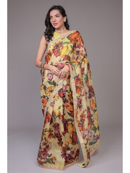 Zari Jaipur - Women Yellow Organza Floral Saree with Unstitched Blouse