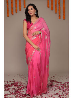 Zari Jaipur - Women Pink Organza Embellished Saree with Unstitched Blouse