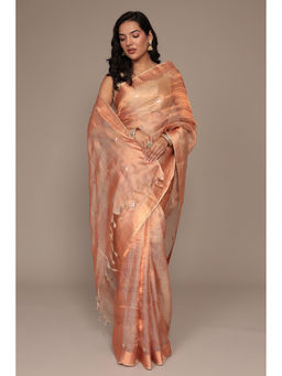 Zari Jaipur - Women Bronze Tissue Embellished Saree with Unstitched Blouse