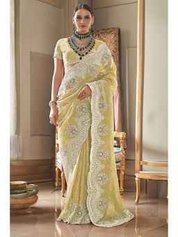 Mysilklove - Cape Honey Yellow Embroidery Designer Saree with Unstitched Blouse